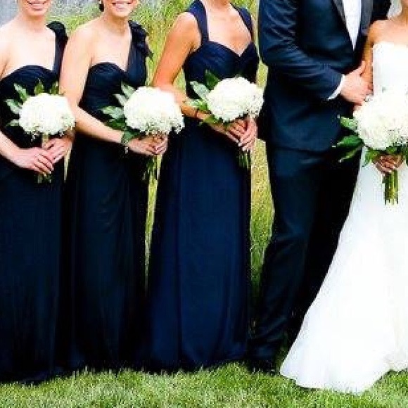 Amsale crinkled silk chiffon gown navy - Picture 2 of 4